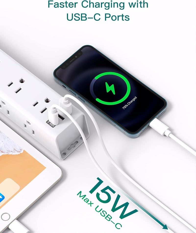 Addtam Surge Protector Power Strip - 5 FT Extension Cord, Power Strip with 12 Widely AC Outlet 3 USB, Flat Plug Wall Mount Overload Protection, 1050J, Desk Charging Station for Home Office, ETL Listed,White - Image 4